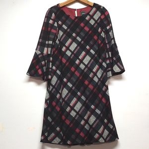Plaid Fit and Flare Knit Bell Sleeve Dress